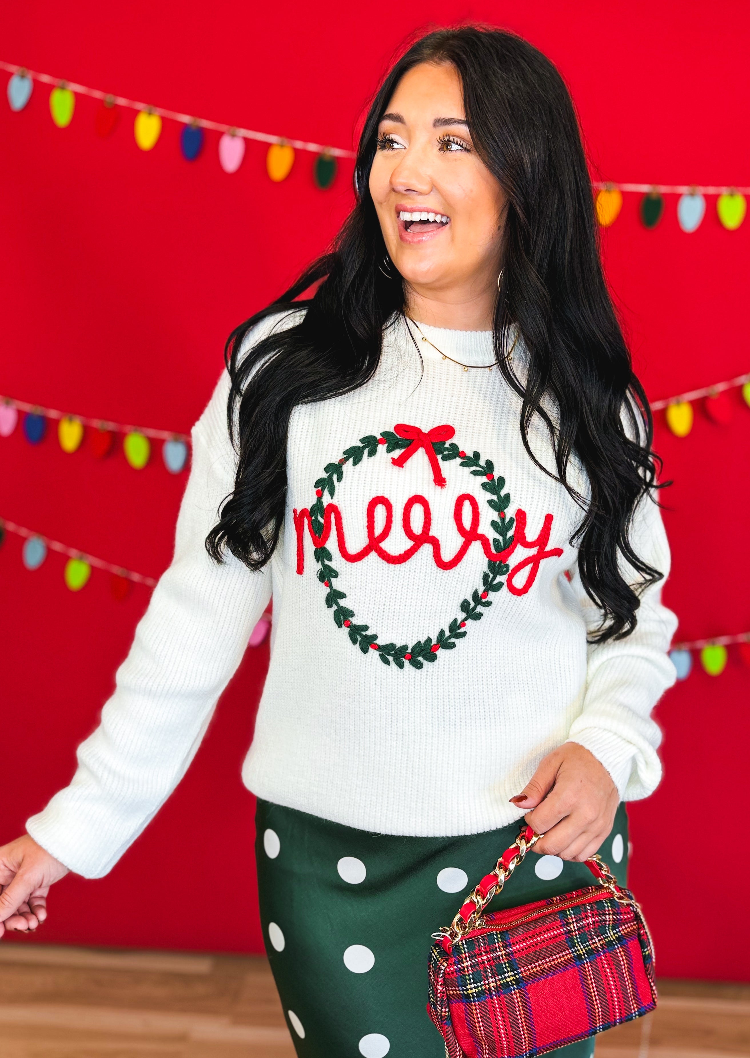 Merry Wreath Knit Sweater - White - Lace and Grace Boutique