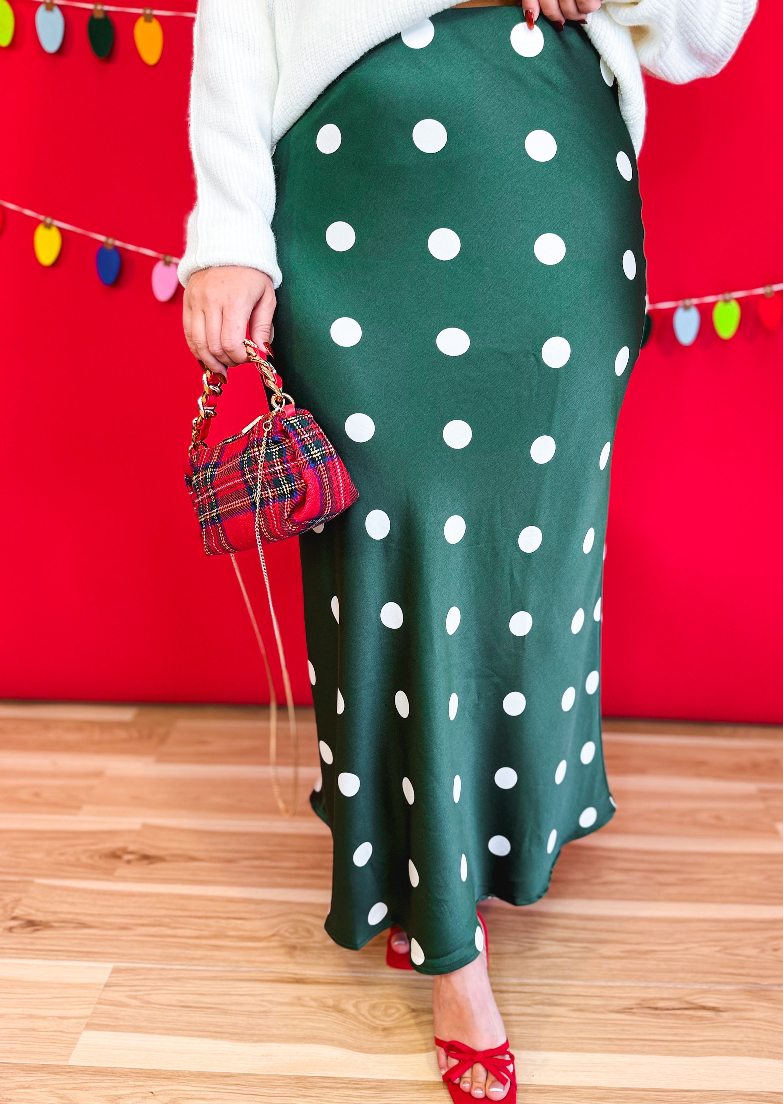 Polka Dot Satin Maxi Skirt - Hunter Green - Lace and Grace Boutique