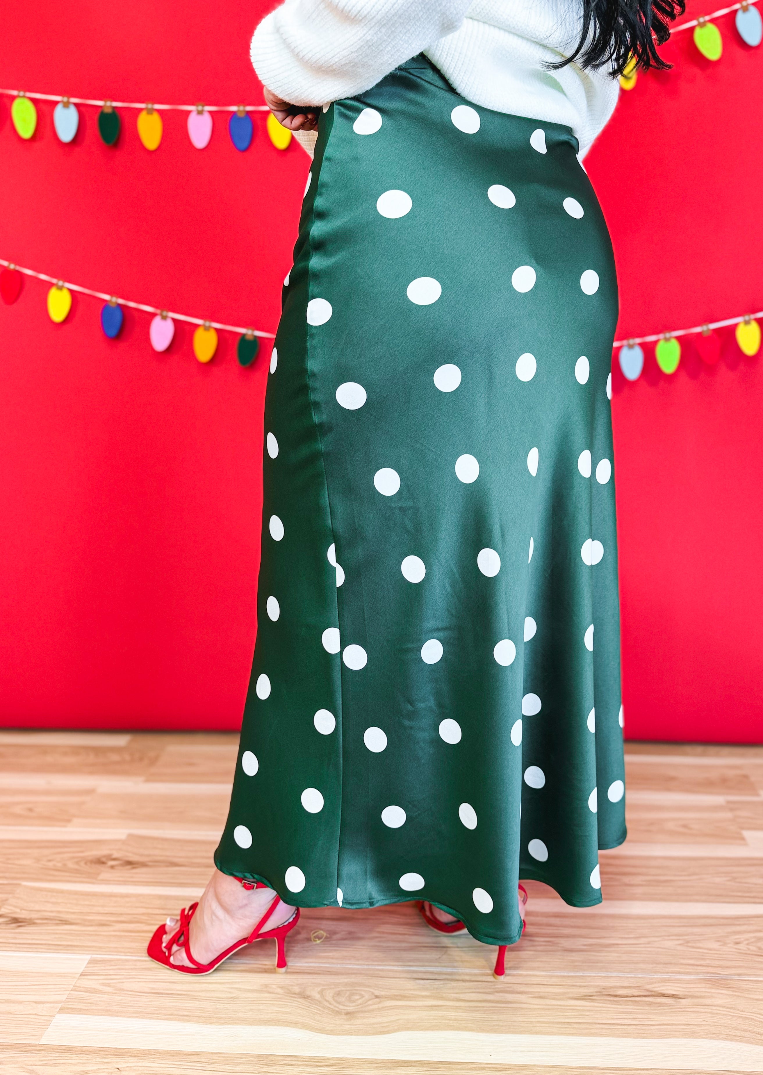 Polka Dot Satin Maxi Skirt - Hunter Green - Lace and Grace Boutique