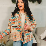 Aztec Printed Button-Up Jacket - Teal/Taupe