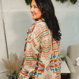 Aztec Printed Button-Up Jacket - Teal/Taupe