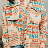 Aztec Printed Button-Up Jacket - Teal/Taupe