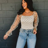 Dotted Mesh Sleeve Top - Cream