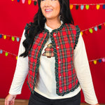 Christmas Plaid Ruffle Hem Quilted Button Up Vest - Red - Lace and Grace Boutique