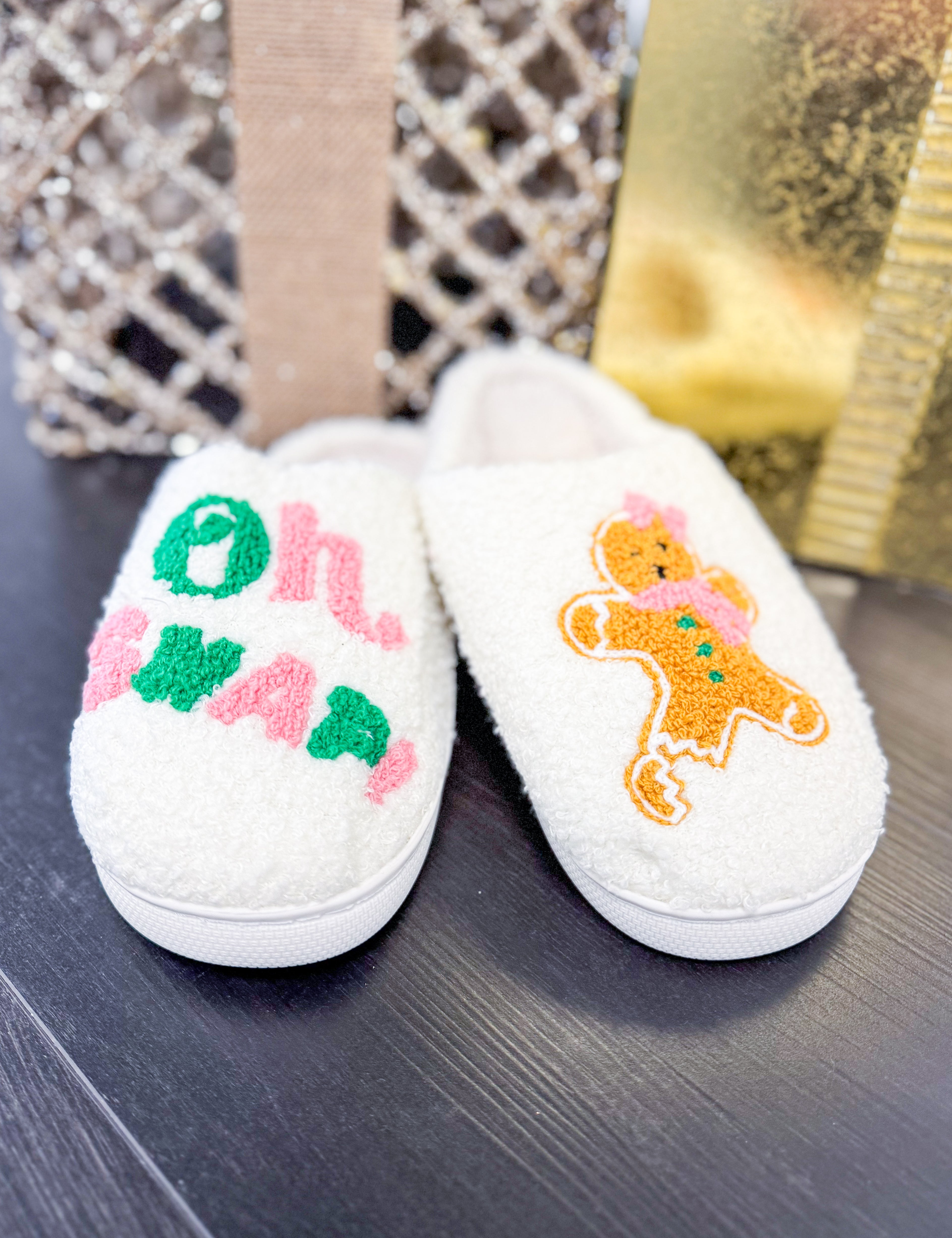 Oh Snap Gingerbread Plush Slippers - Lace and Grace Boutique