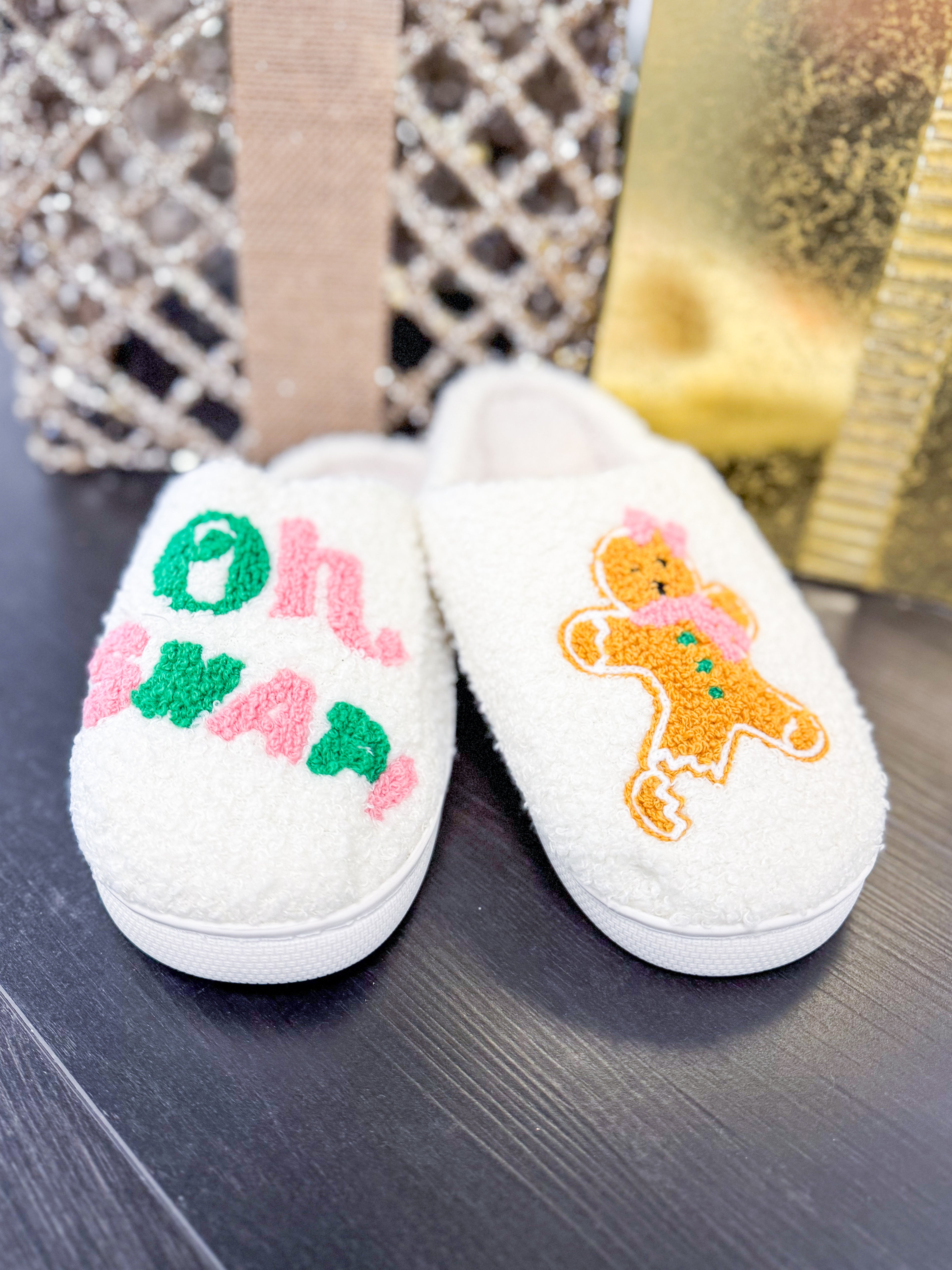 Oh Snap Gingerbread Plush Slippers - Lace and Grace Boutique
