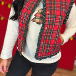 Christmas Plaid Ruffle Hem Quilted Button Up Vest - Red - Lace and Grace Boutique