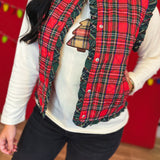 Christmas Plaid Ruffle Hem Quilted Button Up Vest - Red - Lace and Grace Boutique