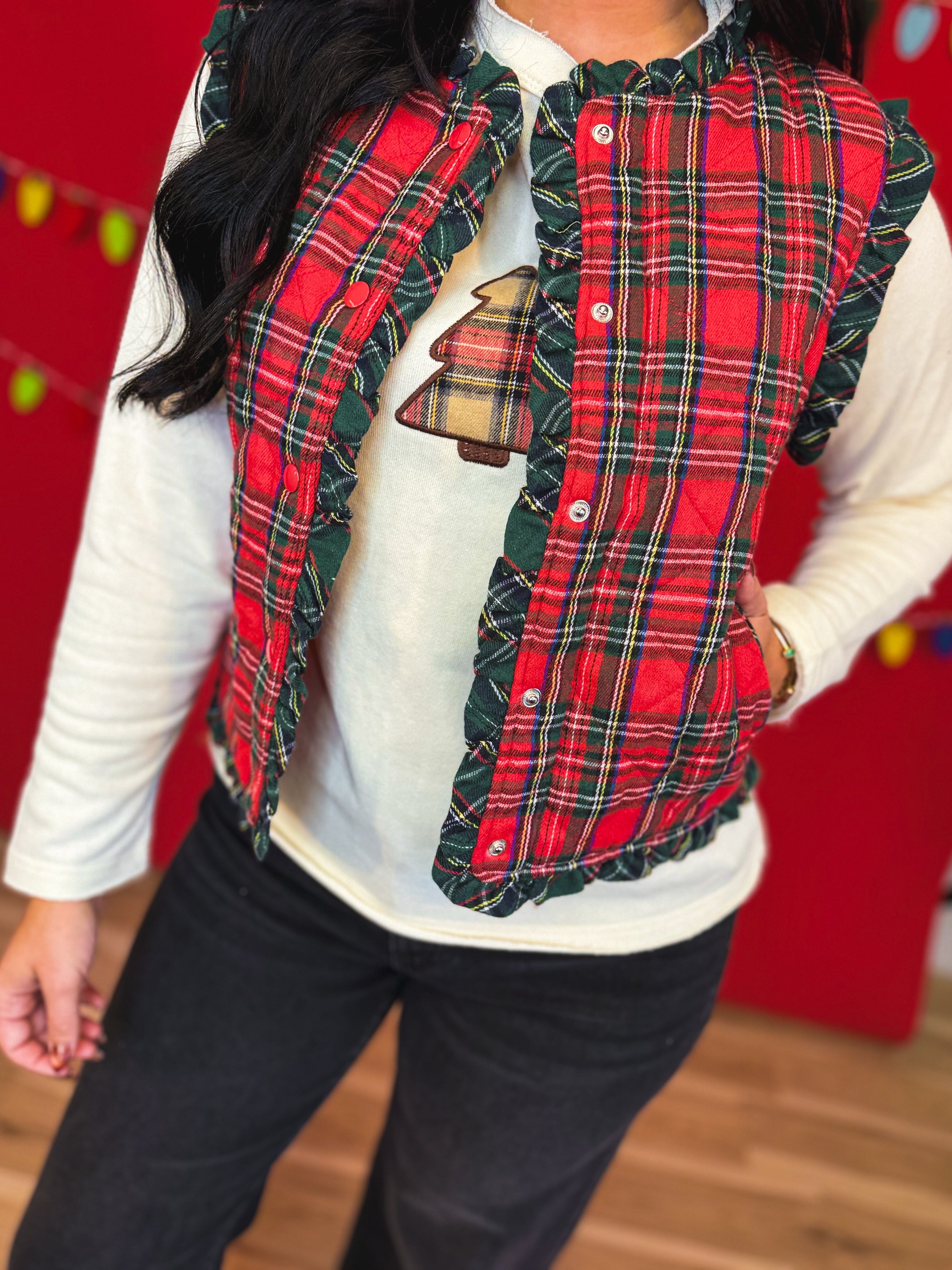 Christmas Plaid Ruffle Hem Quilted Button Up Vest - Red - Lace and Grace Boutique