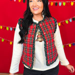 Christmas Plaid Ruffle Hem Quilted Button Up Vest - Red - Lace and Grace Boutique
