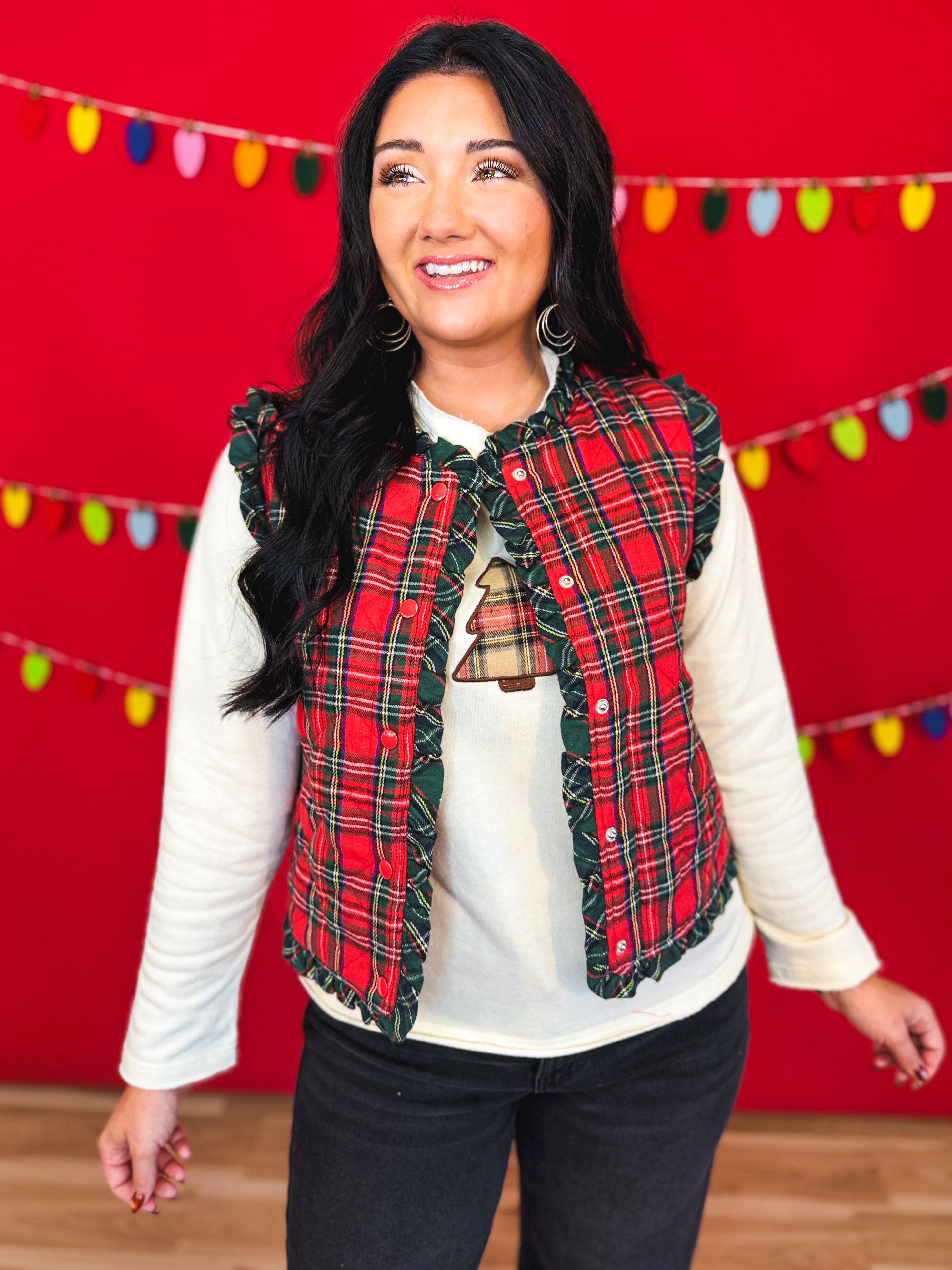 Christmas Plaid Ruffle Hem Quilted Button Up Vest - Red - Lace and Grace Boutique
