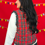 Christmas Plaid Ruffle Hem Quilted Button Up Vest - Red - Lace and Grace Boutique