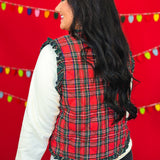 Christmas Plaid Ruffle Hem Quilted Button Up Vest - Red - Lace and Grace Boutique