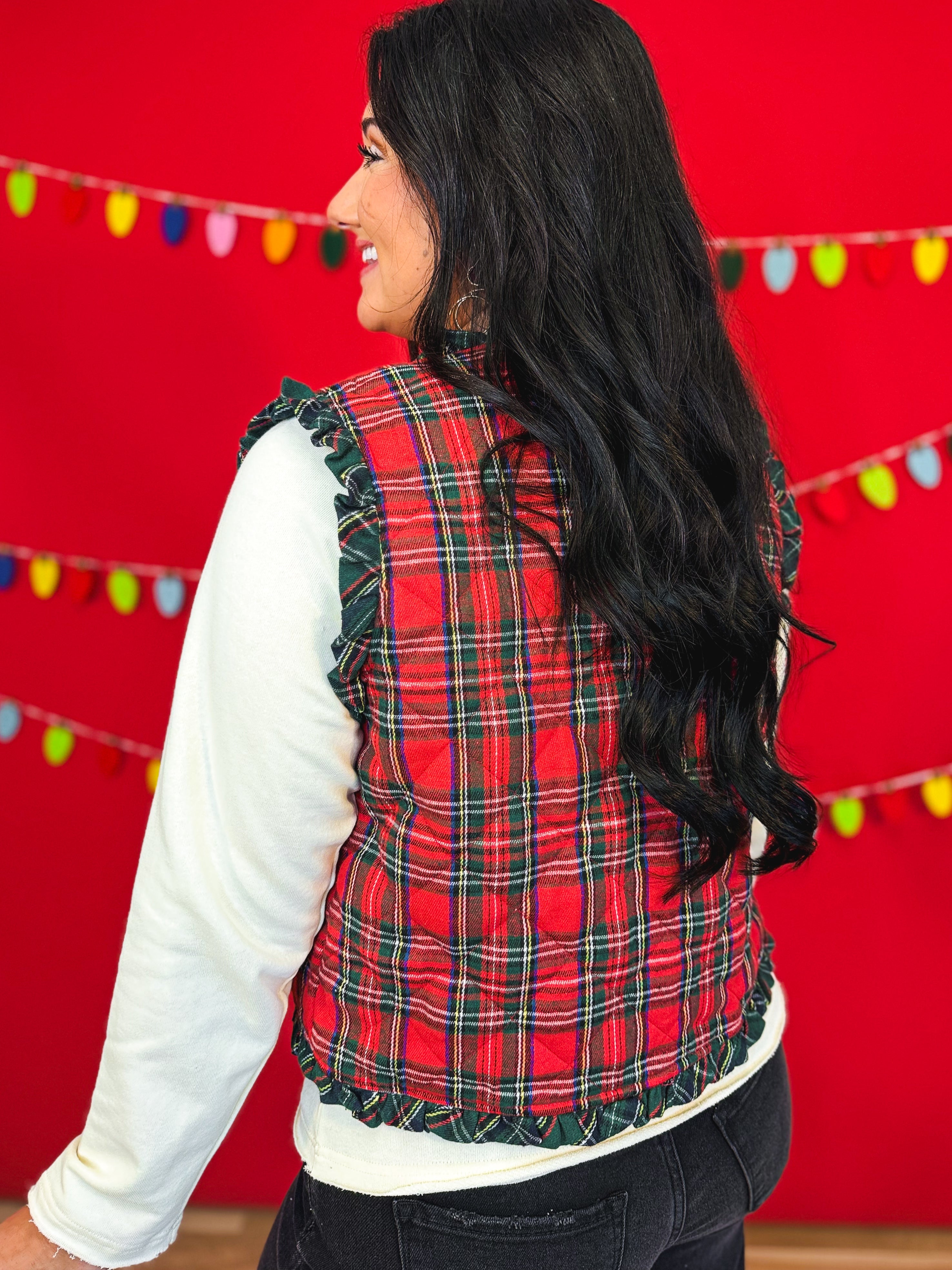 Christmas Plaid Ruffle Hem Quilted Button Up Vest - Red - Lace and Grace Boutique