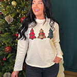 Christmas Plaid Tree Patch Raw Edge Sweatshirt - Cream - Lace and Grace Boutique