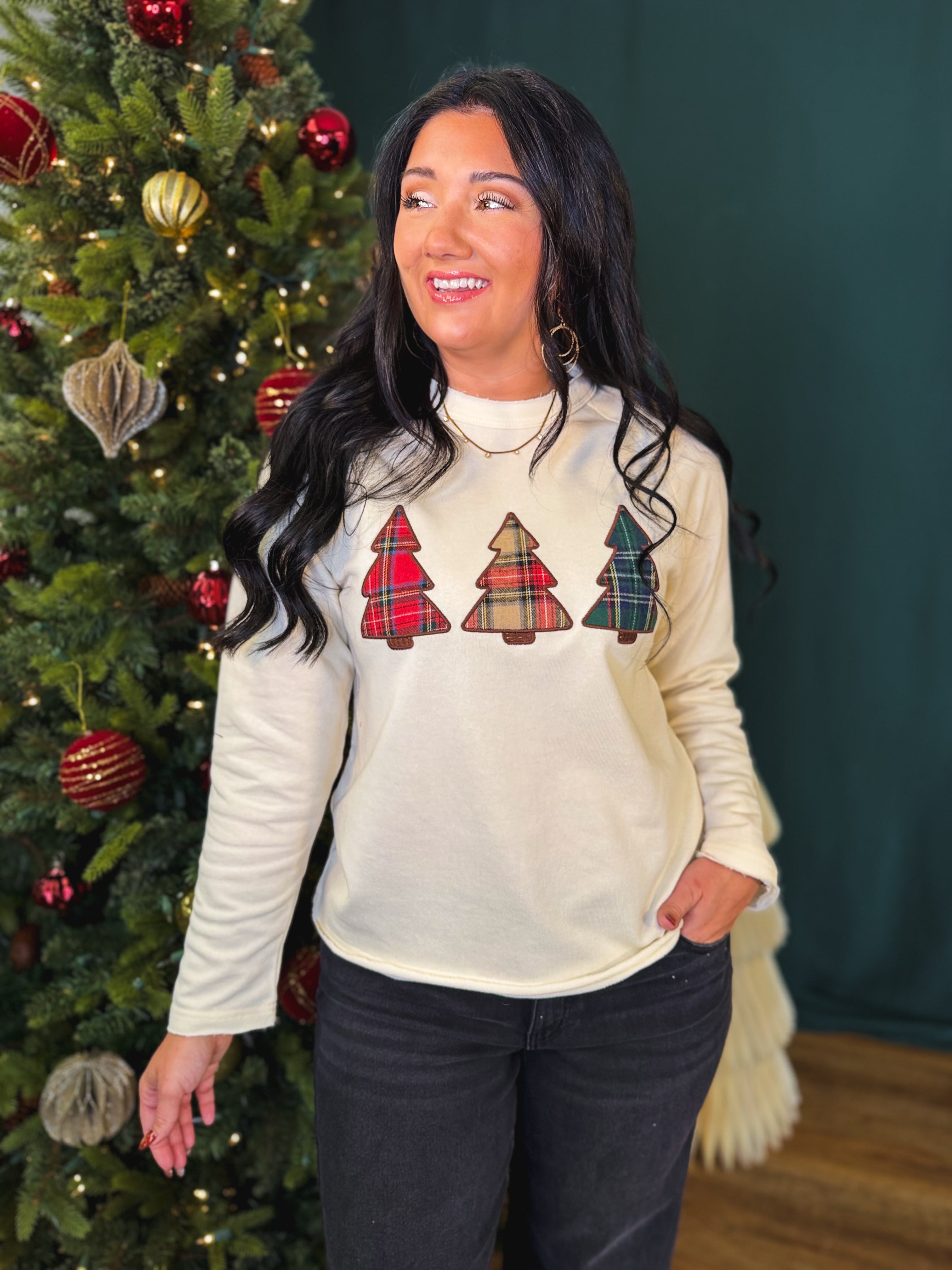 Christmas Plaid Tree Patch Raw Edge Sweatshirt - Cream - Lace and Grace Boutique