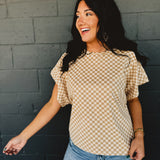 Checkered Dolman Sleeve Top - Almond