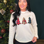 Christmas Plaid Tree Patch Raw Edge Sweatshirt - Cream - Lace and Grace Boutique
