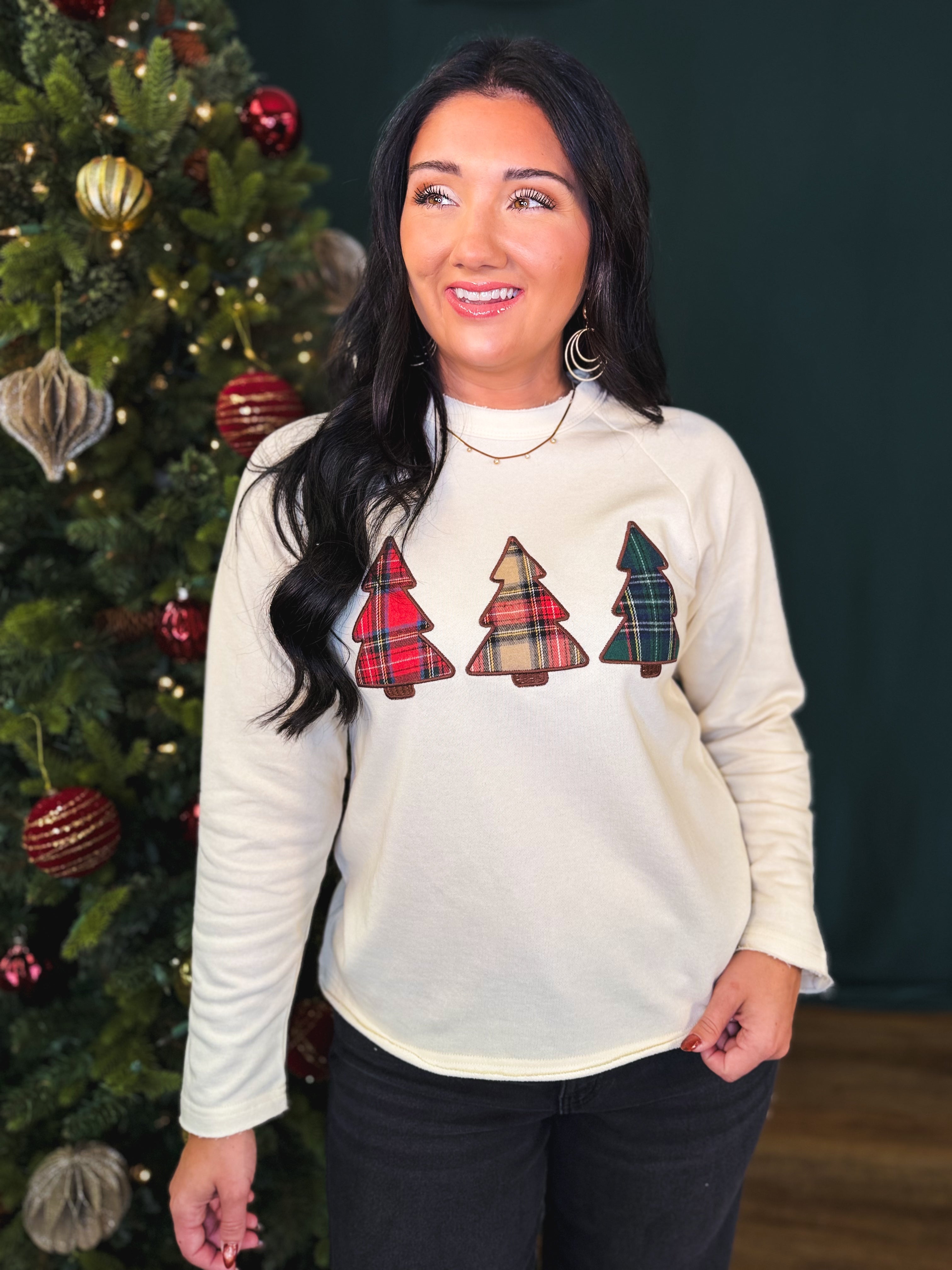Christmas Plaid Tree Patch Raw Edge Sweatshirt - Cream - Lace and Grace Boutique