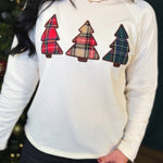 Christmas Plaid Tree Patch Raw Edge Sweatshirt - Cream - Lace and Grace Boutique