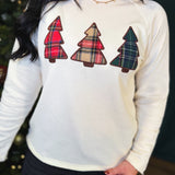 Christmas Plaid Tree Patch Raw Edge Sweatshirt - Cream - Lace and Grace Boutique