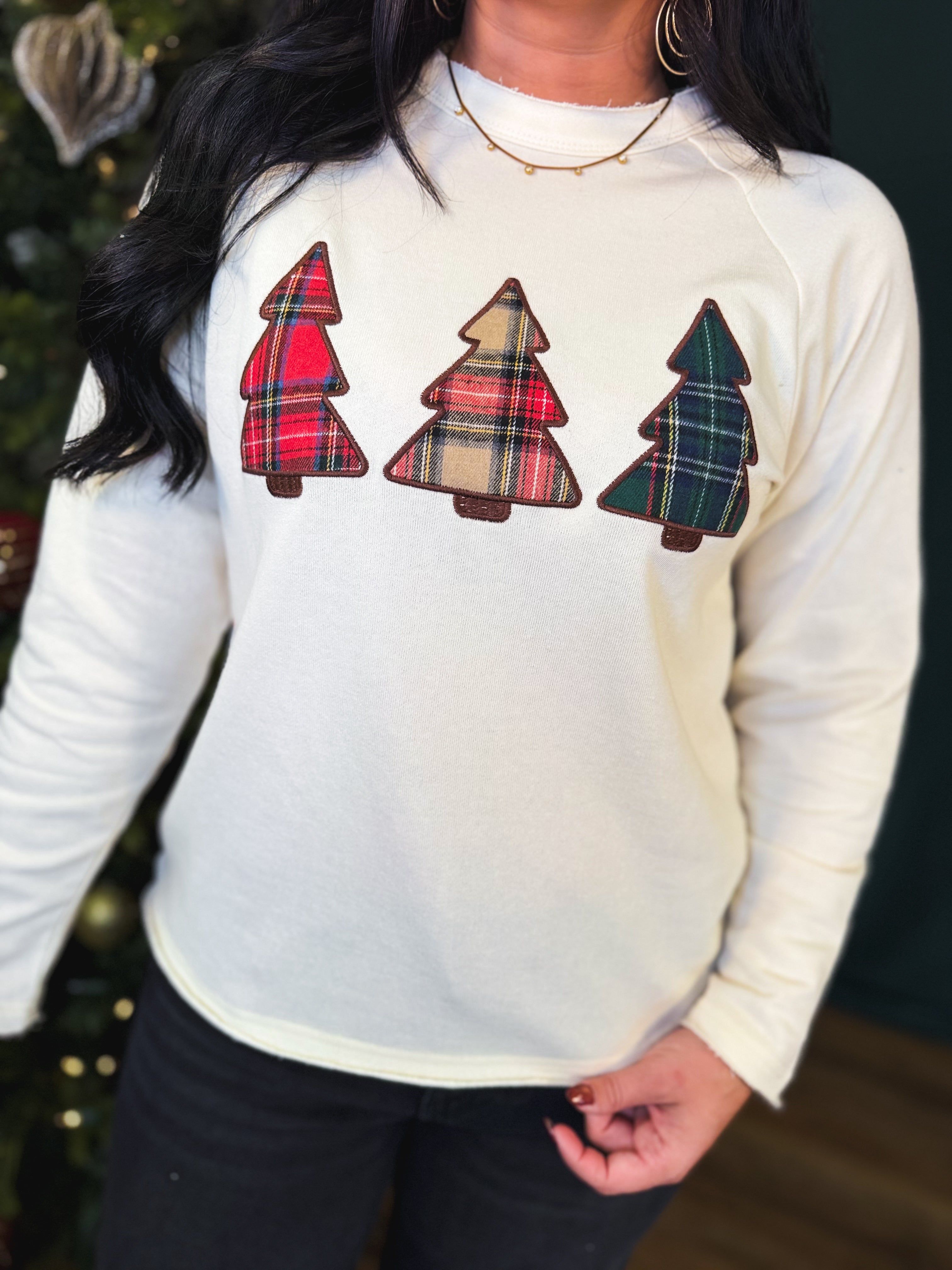Christmas Plaid Tree Patch Raw Edge Sweatshirt - Cream - Lace and Grace Boutique