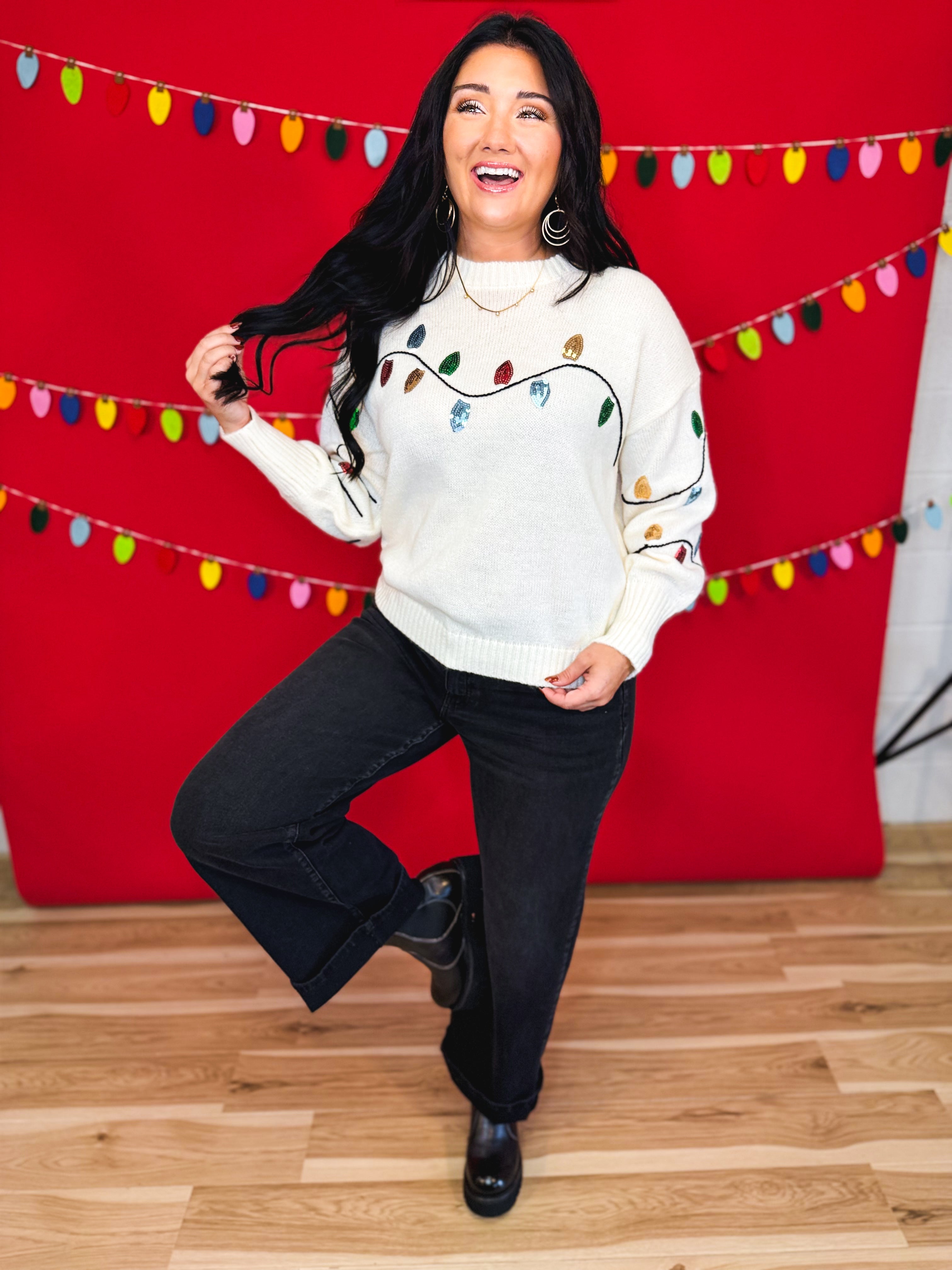 Sequin Christmas Lights Crewneck Knit Sweater - Cream - Lace and Grace Boutique