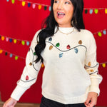 Sequin Christmas Lights Crewneck Knit Sweater - Cream - Lace and Grace Boutique