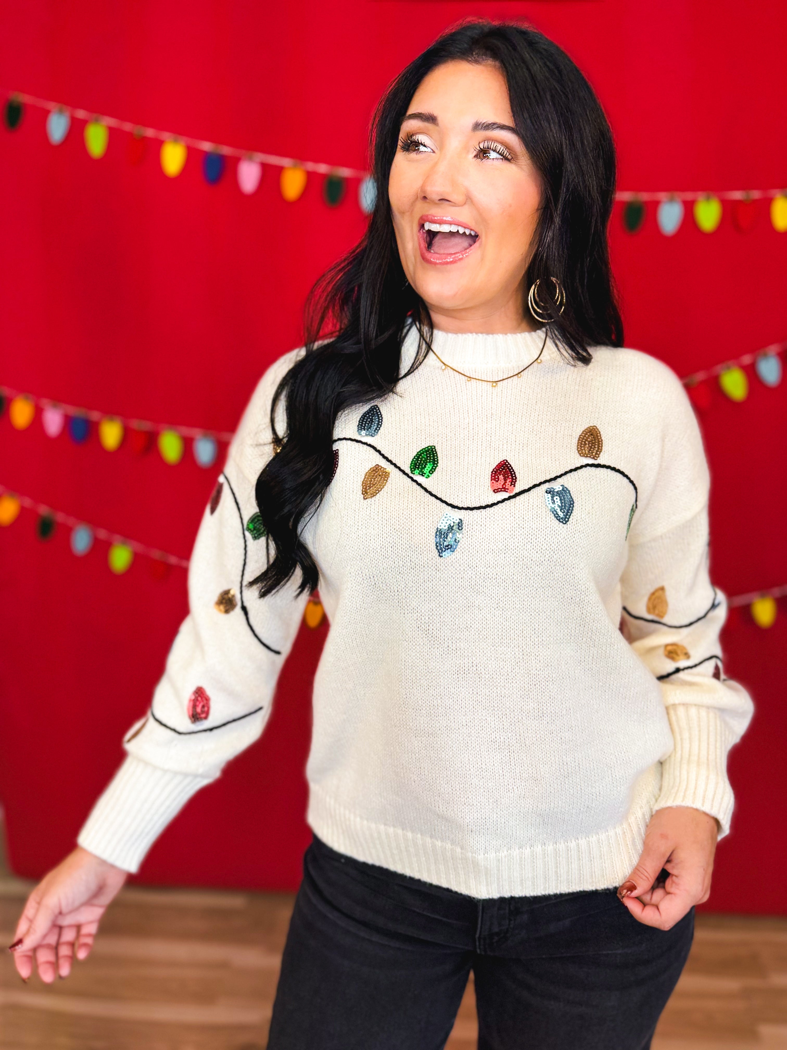 Sequin Christmas Lights Crewneck Knit Sweater - Cream - Lace and Grace Boutique