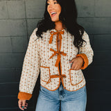 Quilted Bow Tie Puffer Jacket - Cream Multi