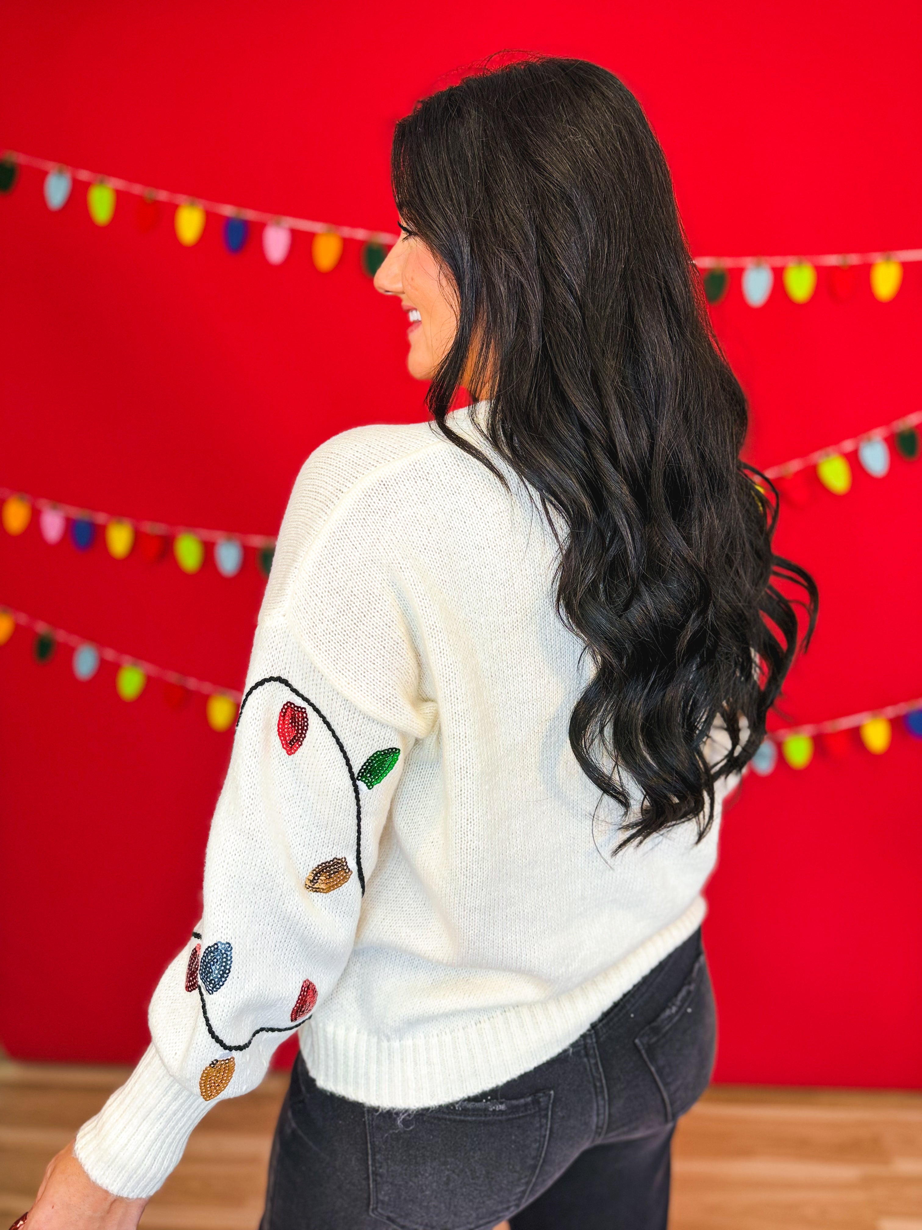 Sequin Christmas Lights Crewneck Knit Sweater - Cream - Lace and Grace Boutique