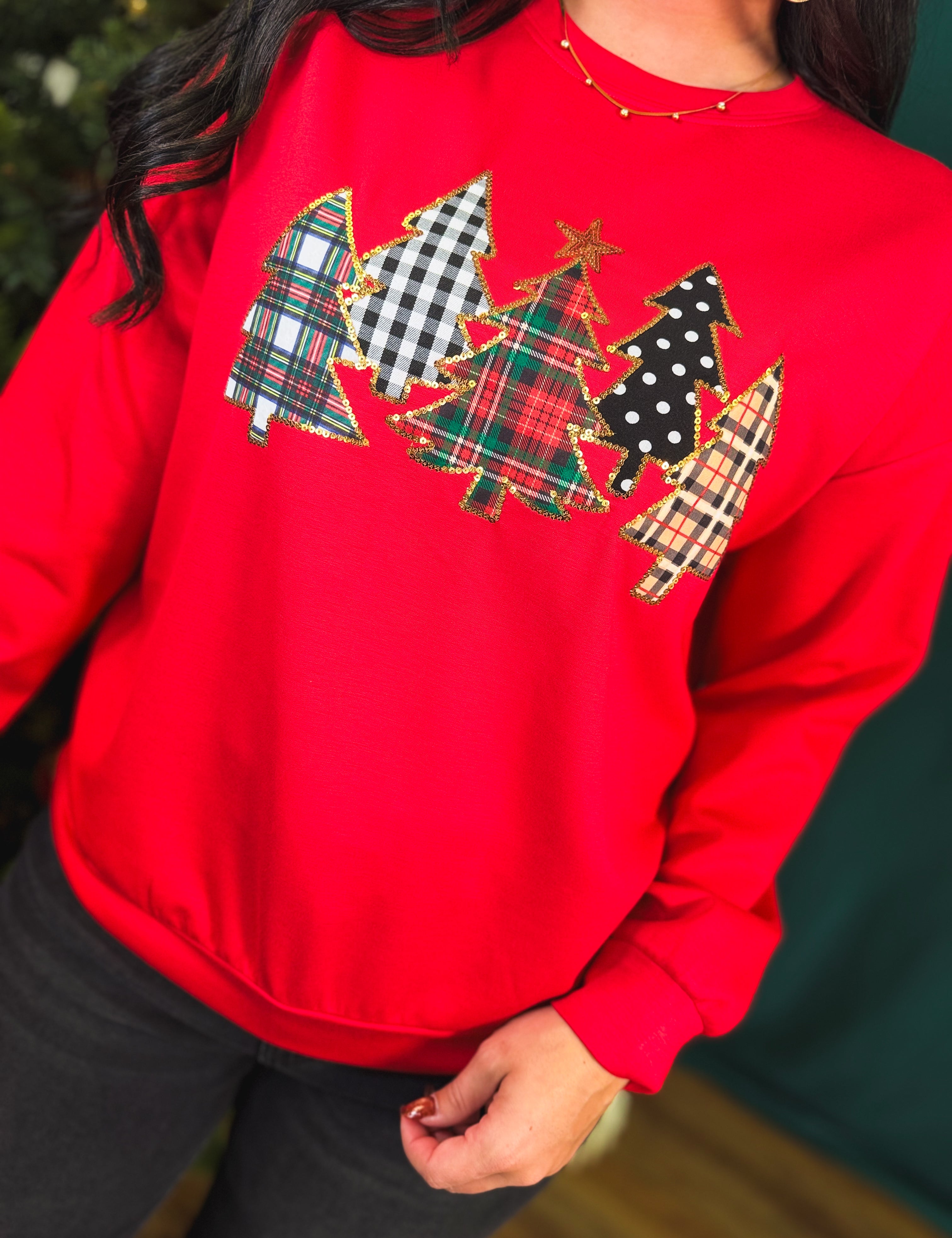 Christmas Plaid & Sequin Trees Pullover Top - Red - Lace and Grace Boutique