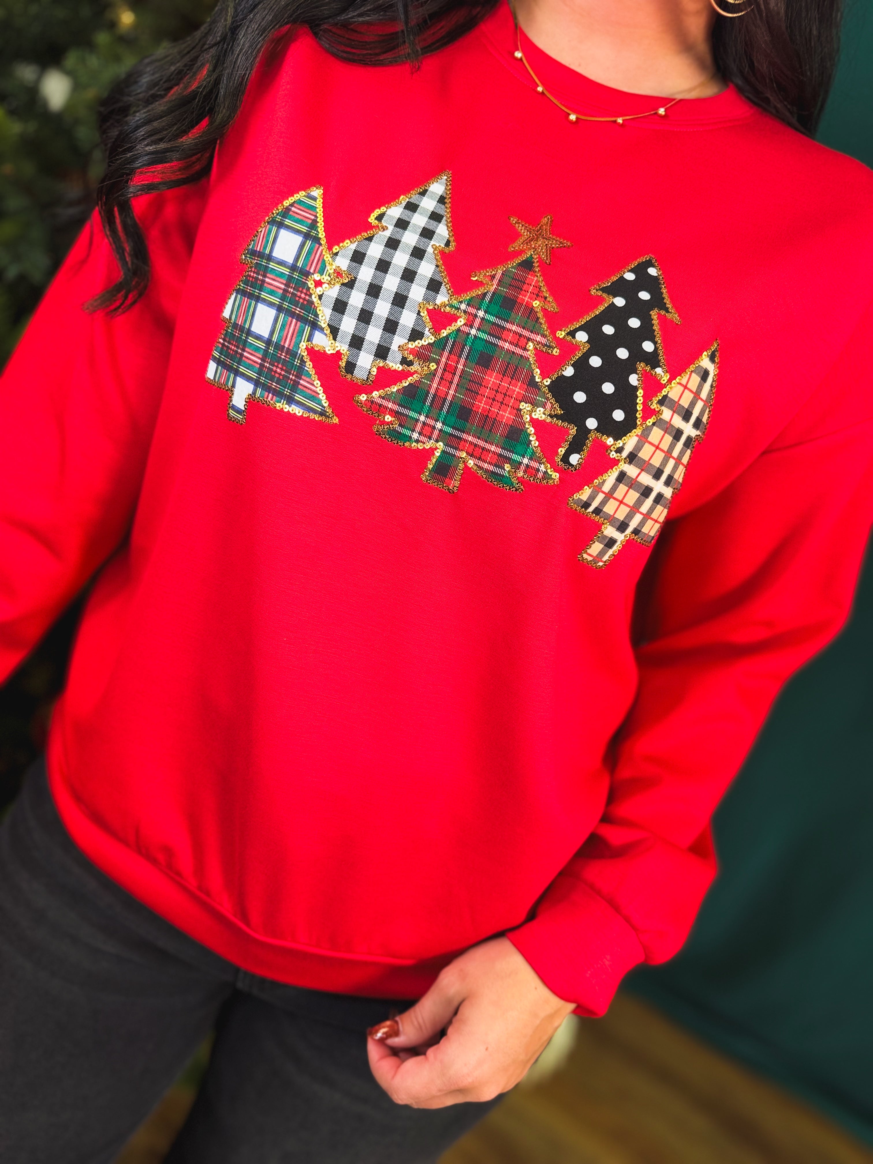Christmas Plaid & Sequin Trees Pullover Top - Red - Lace and Grace Boutique