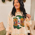 Sequin Western Boots In Lights Long Sleeve Top - Ivory - Lace and Grace Boutique