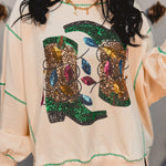 Sequin Western Boots In Lights Long Sleeve Top - Ivory - Lace and Grace Boutique