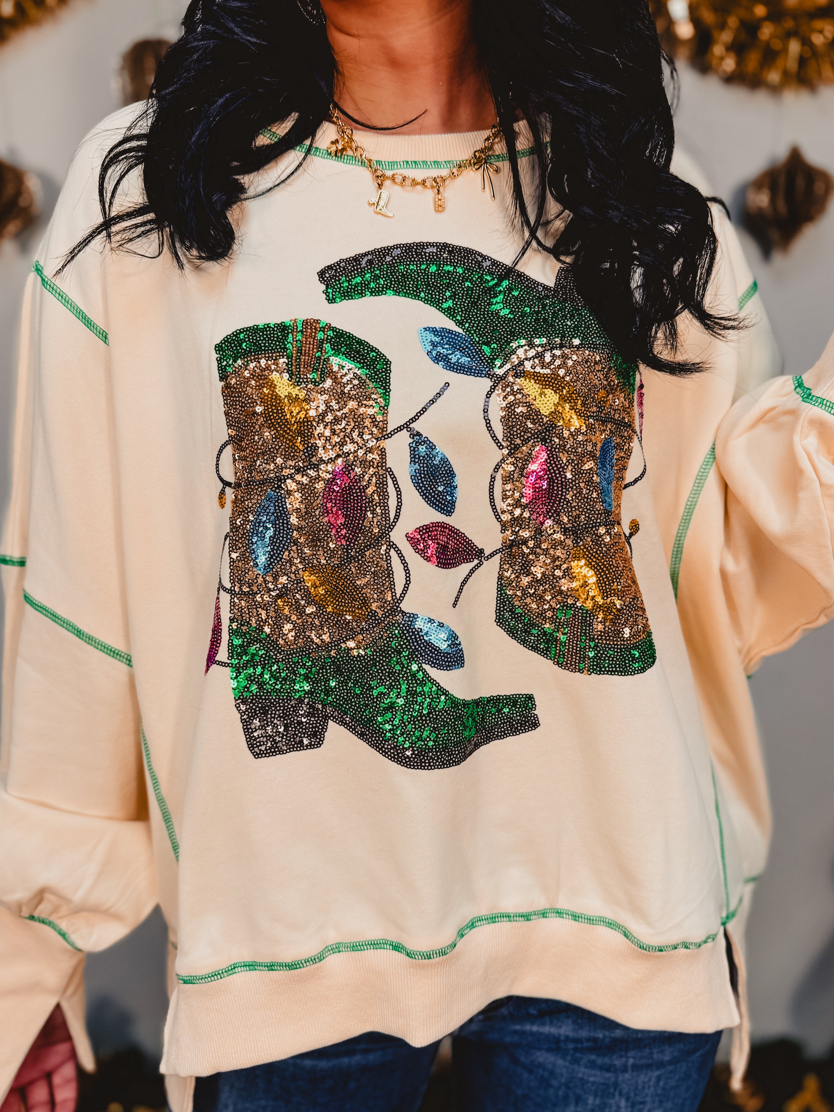 Sequin Western Boots In Lights Long Sleeve Top - Ivory - Lace and Grace Boutique