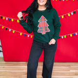 Plaid Christmas Tree Crewneck Sweatshirt - Forest Green - Lace and Grace Boutique