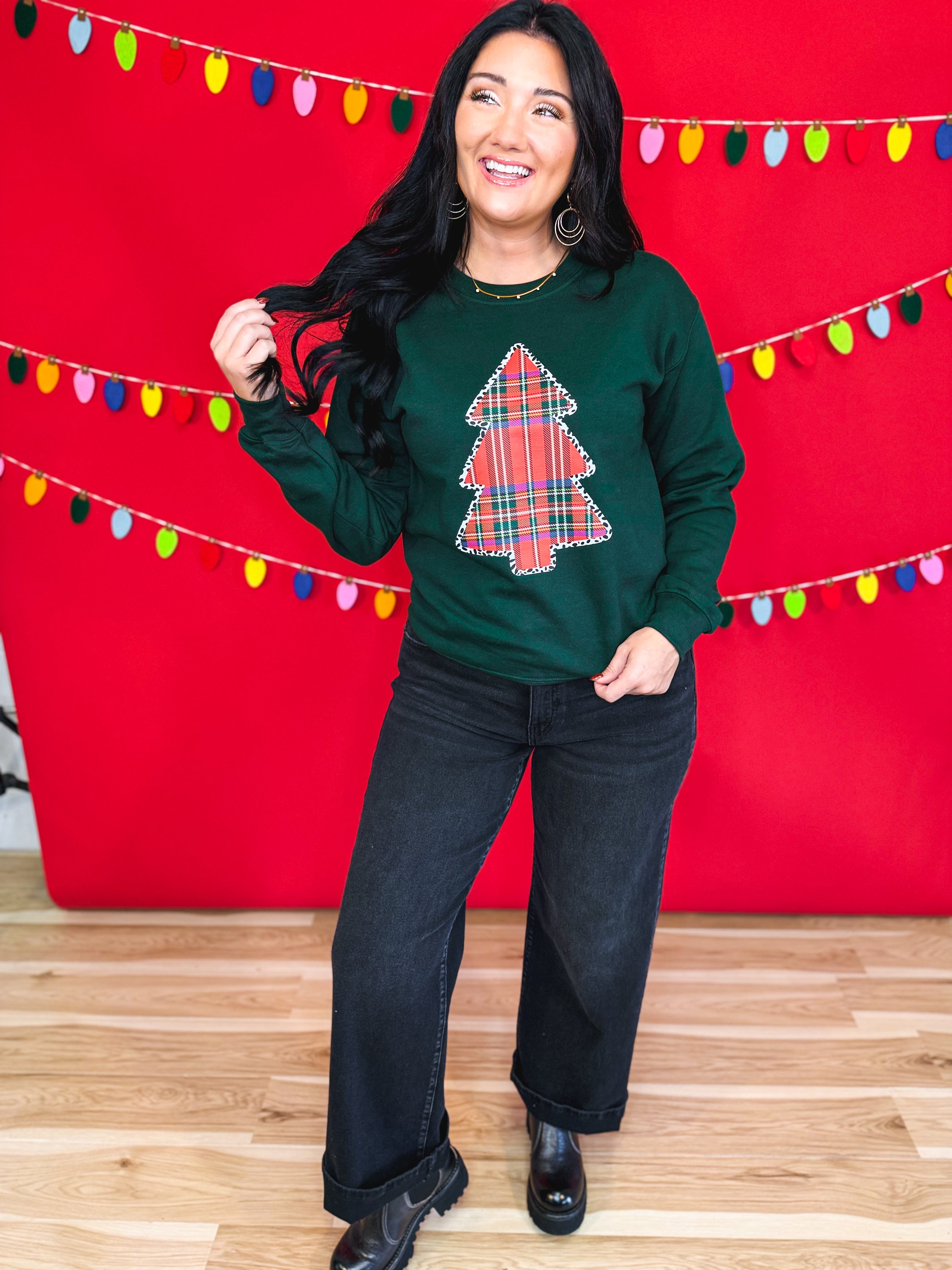 Plaid Christmas Tree Crewneck Sweatshirt - Forest Green - Lace and Grace Boutique