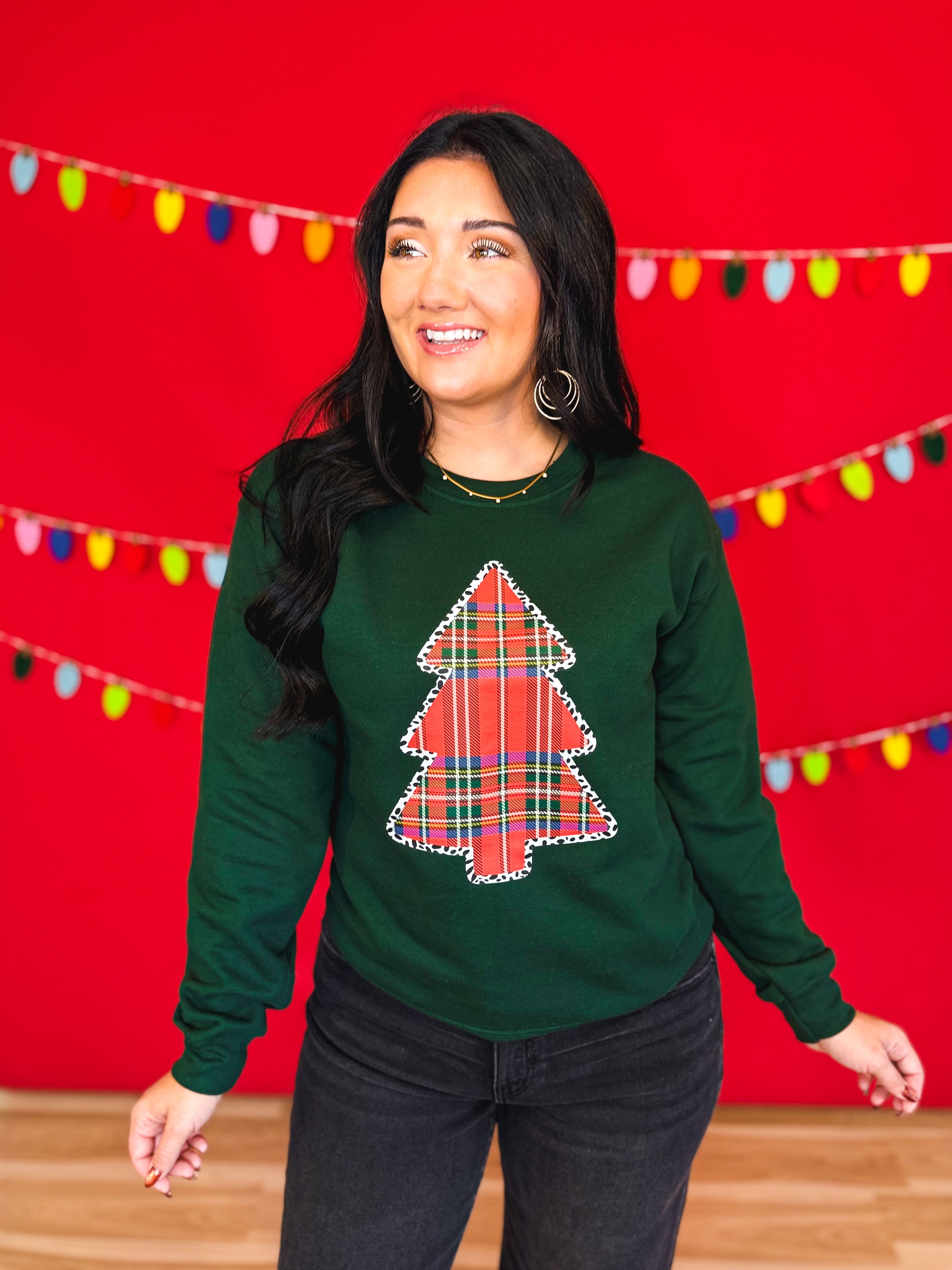 Plaid Christmas Tree Crewneck Sweatshirt - Forest Green - Lace and Grace Boutique