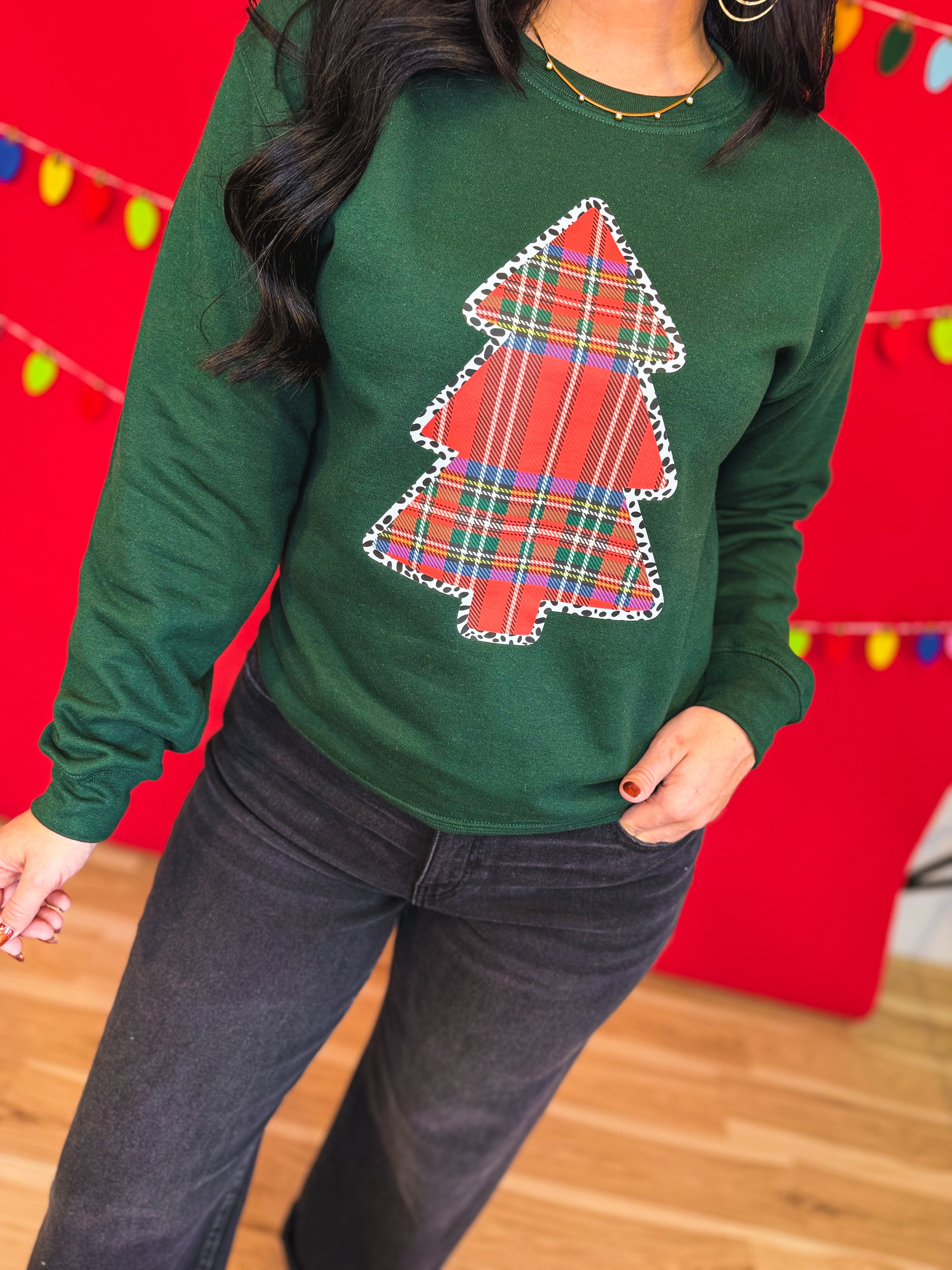 Plaid Christmas Tree Crewneck Sweatshirt - Forest Green - Lace and Grace Boutique