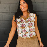 Rose Printed Sweater Vest - Ivory/Taupe