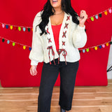 Laced Plaid Ribbon Chunky Knit Cardigan - Cream - Lace and Grace Boutique