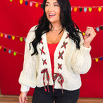 Laced Plaid Ribbon Chunky Knit Cardigan - Cream - Lace and Grace Boutique