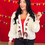Laced Plaid Ribbon Chunky Knit Cardigan - Cream - Lace and Grace Boutique