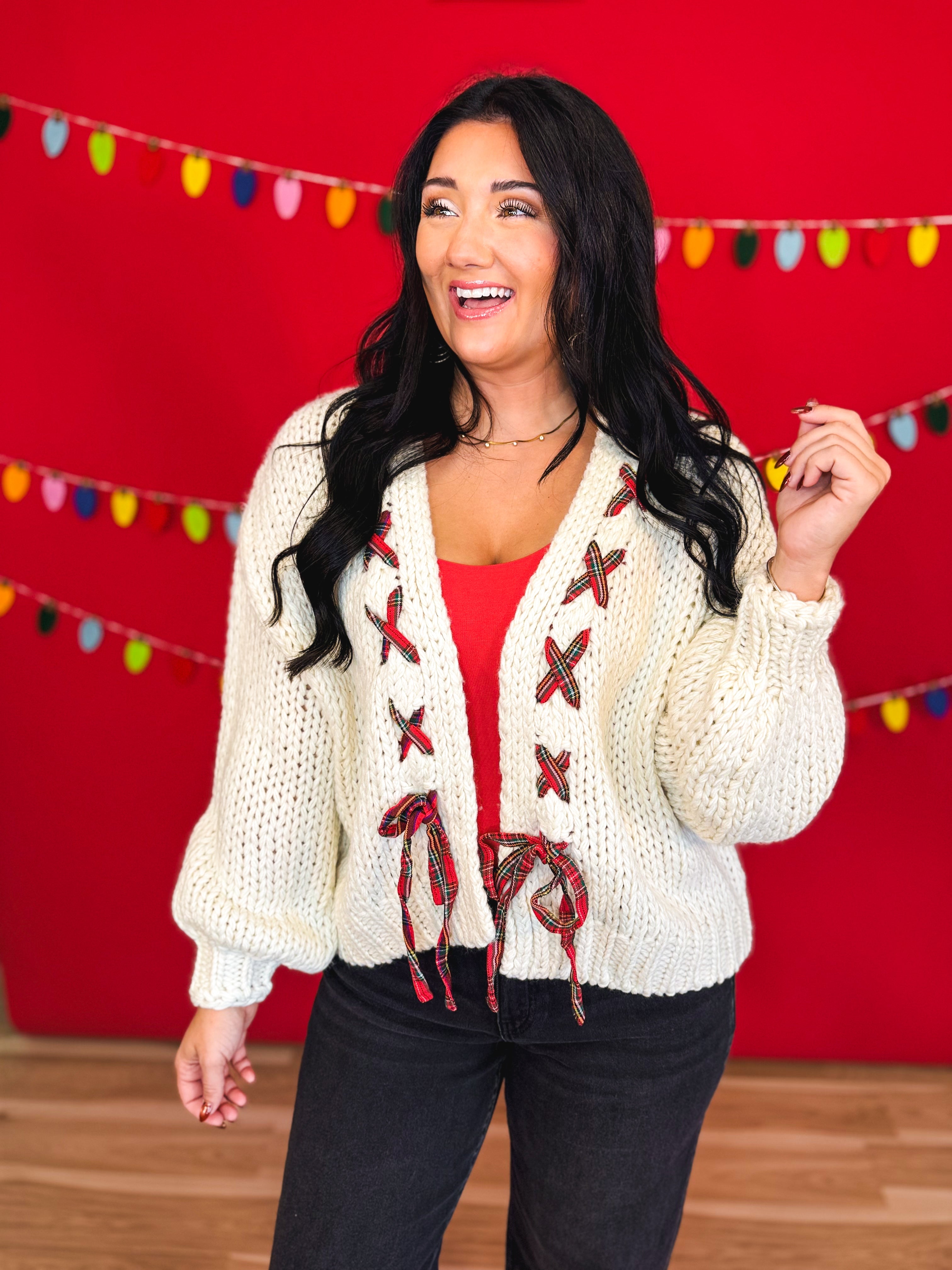 Laced Plaid Ribbon Chunky Knit Cardigan - Cream - Lace and Grace Boutique