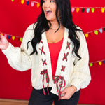 Laced Plaid Ribbon Chunky Knit Cardigan - Cream - Lace and Grace Boutique