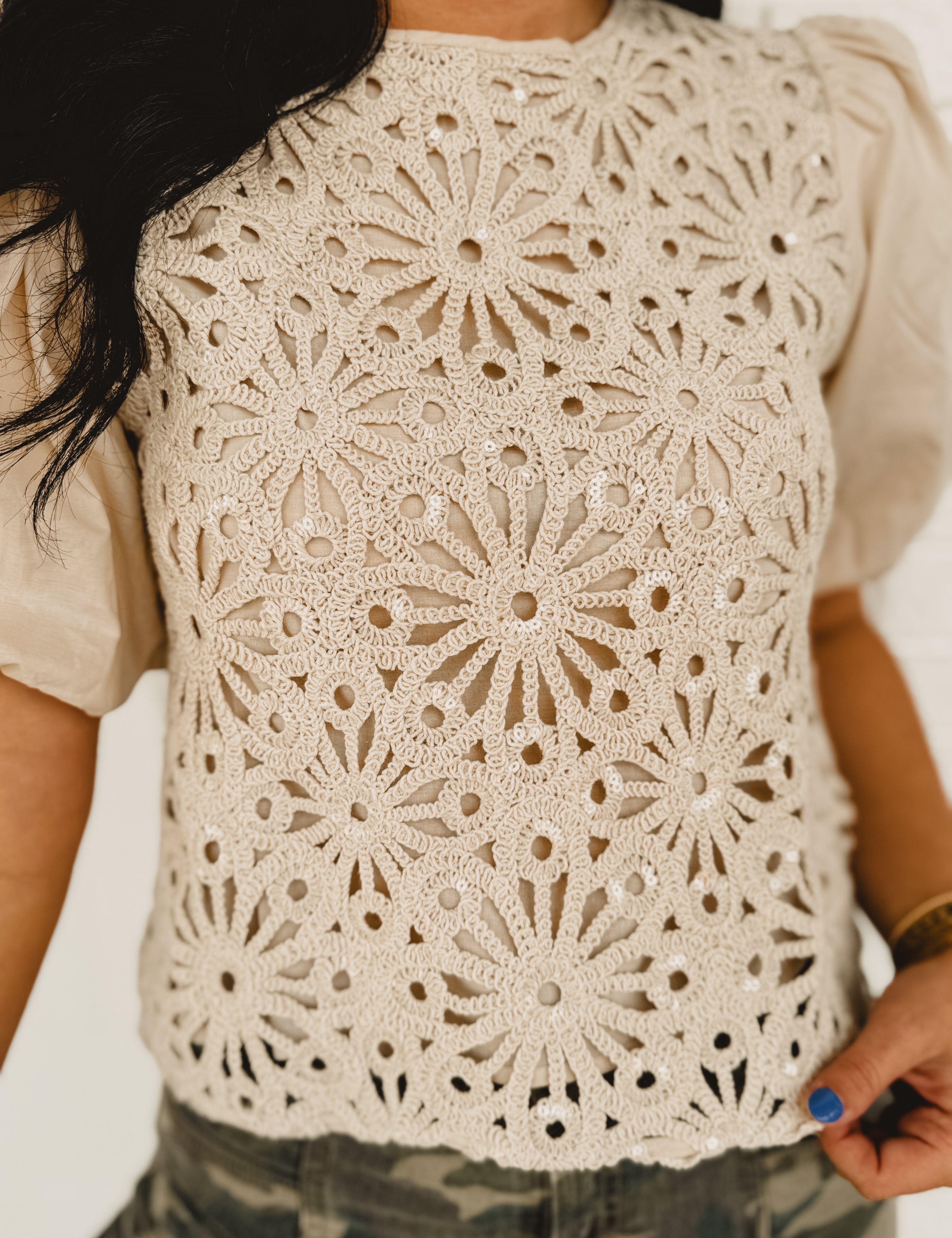 Sequin Crochet Detailed Top - Oatmeal - Lace and Grace Boutique