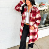 Plaid Twofer Hooded Long Jacket - Ivory/Red - Lace and Grace Boutique