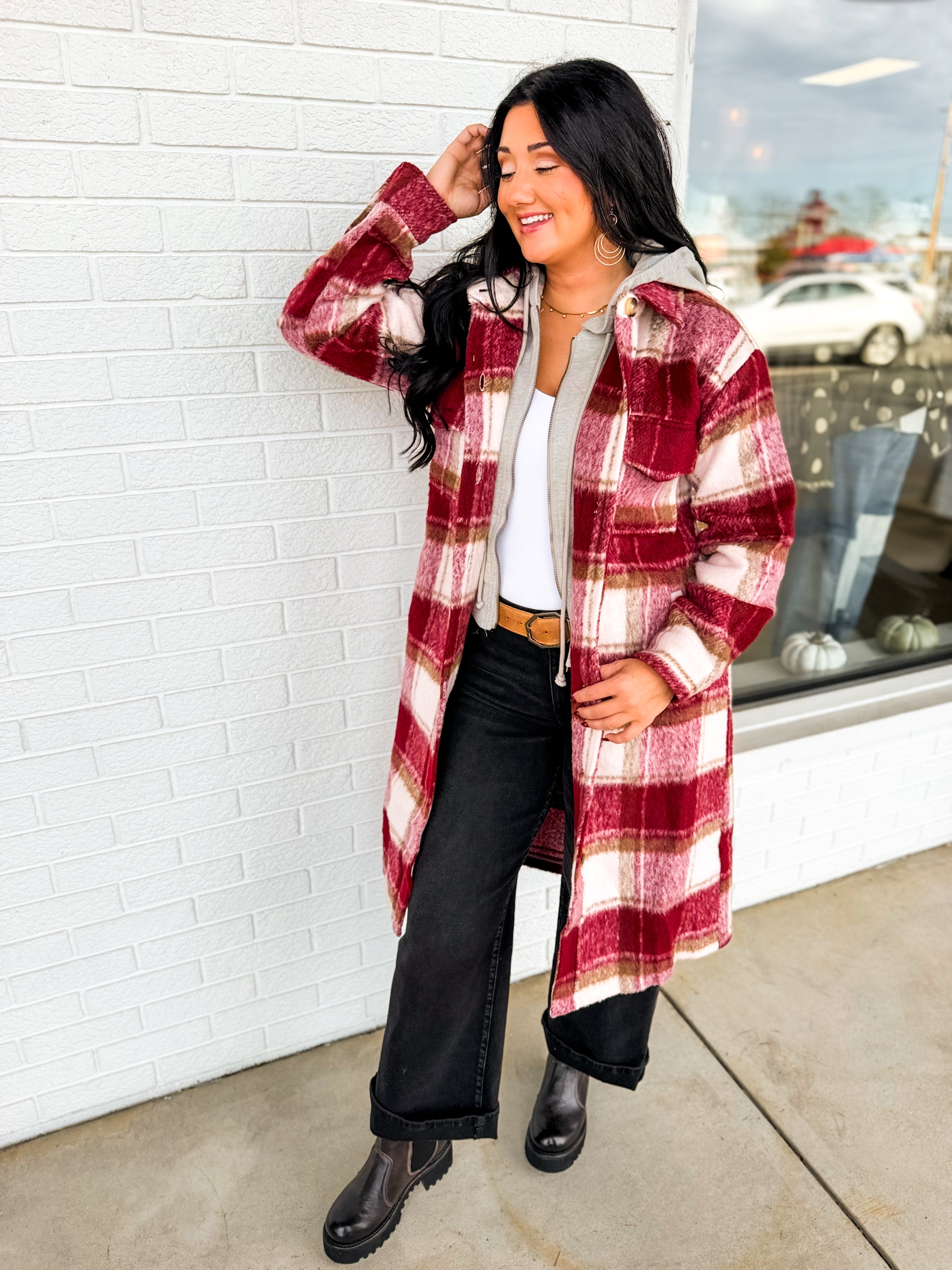 Plaid Twofer Hooded Long Jacket - Ivory/Red - Lace and Grace Boutique
