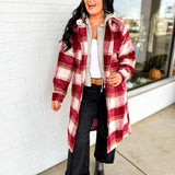 Plaid Twofer Hooded Long Jacket - Ivory/Red - Lace and Grace Boutique
